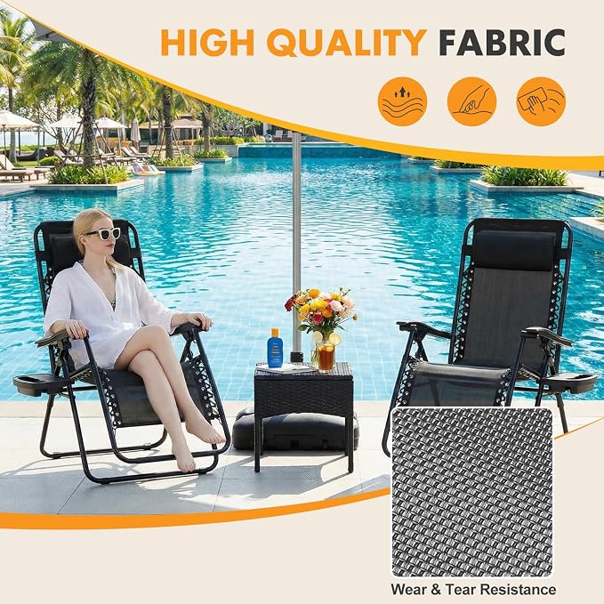 NEWBULIG Zero Gravity Chairs Set of 2, Lounge Chair Folding Portable Adjustable Camping Reclining Chairs with Adjustable Pollow, Mesh Back, Cup Holder Trays Lawn Patio Chair for Pool Beach