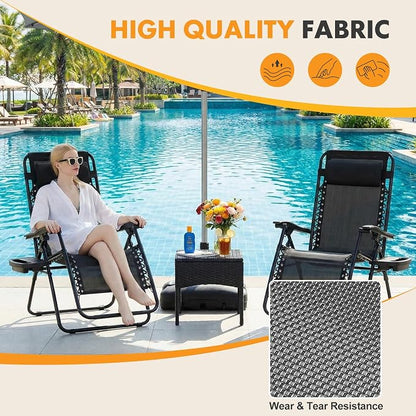 NEWBULIG Zero Gravity Chairs Set of 2, Lounge Chair Folding Portable Adjustable Camping Reclining Chairs with Adjustable Pollow, Mesh Back, Cup Holder Trays Lawn Patio Chair for Pool Beach