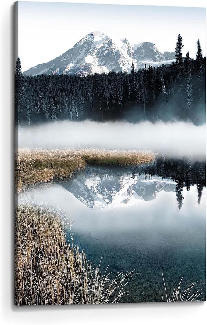 arttitue Nature Canvas Wall Art Bedroom: Lake Landscape Print Decor Misty Forest Scene Picture Mountain Natural Scenery Artwork Painting for Bathroom Home Living Room