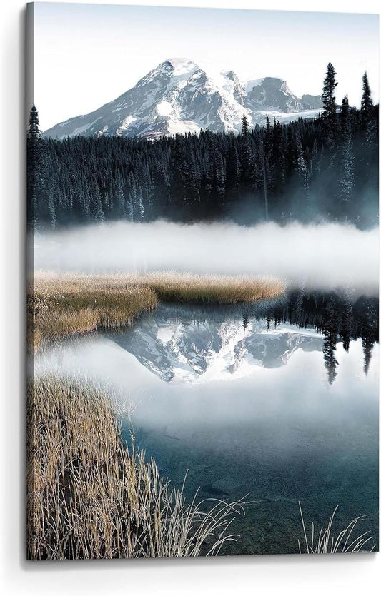 arttitue Nature Canvas Wall Art Bedroom: Lake Landscape Print Decor Misty Forest Scene Picture Mountain Natural Scenery Artwork Painting for Bathroom Home Living Room