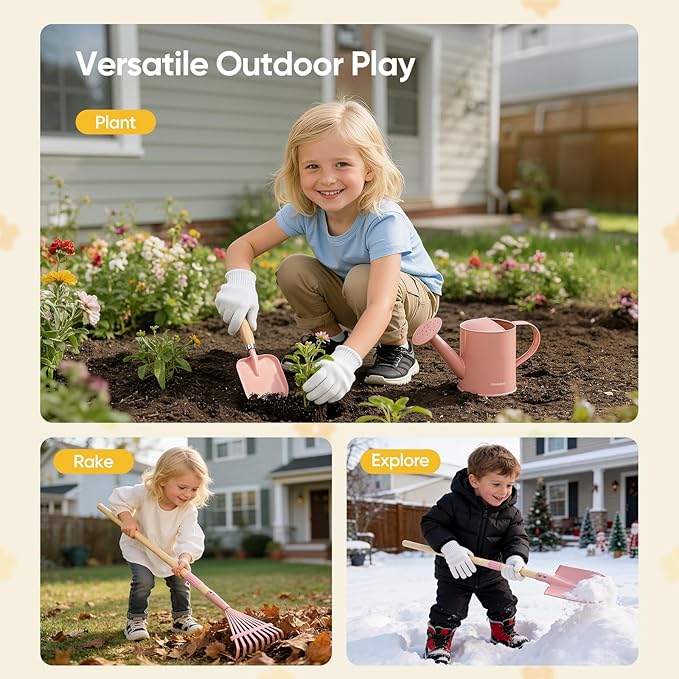 Kids Gardening Set with Wheelbarrow, 11-Piece Outdoor Yard, Beach, STEM Garden Play Kit with Child-Sized Tools, Durable, Safe & Fun Gift Toy for Ages 2+ Kids Toddlers Boys Girls (Pink)