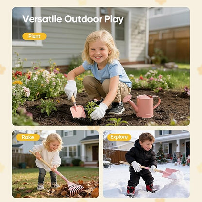 Kids Gardening Set with Wheelbarrow, 11-Piece Outdoor Yard, Beach, STEM Garden Play Kit with Child-Sized Tools, Durable, Safe & Fun Gift Toy for Ages 2+ Kids Toddlers Boys Girls (Pink)