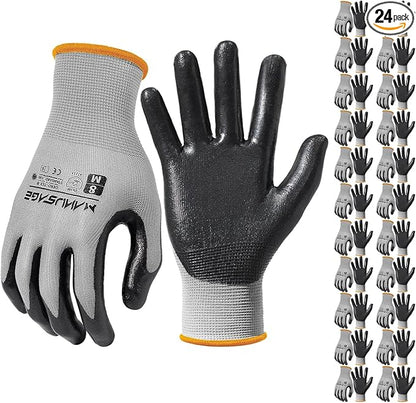 Safety Work Gloves, 3D Comfort Stretch Fit, Powerful Grip, Touchscreen, Durable Smooth Nitrile Coated, Flexible, Lightweight, Machine Washable, Size-XL Grey 24 Pairs
