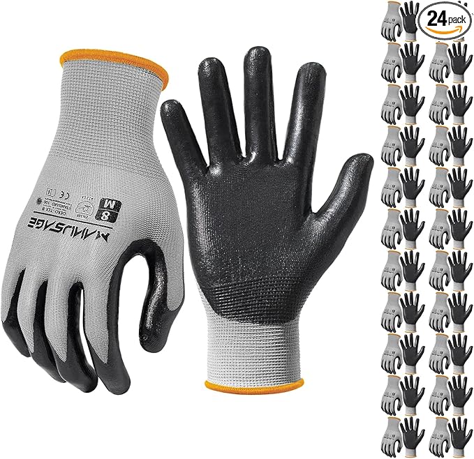Safety Work Gloves, 3D Comfort Stretch Fit, Powerful Grip, Touchscreen, Durable Smooth Nitrile Coated, Flexible, Lightweight, Machine Washable, Size-M Grey 24 Pairs