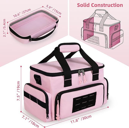 Pink Tool Bag for Women with 2 Clear Pouches, 12-inch Tool Storage Organizer, Double Layer Tool Box for Electrician, Carpenters, Repairman, Pink