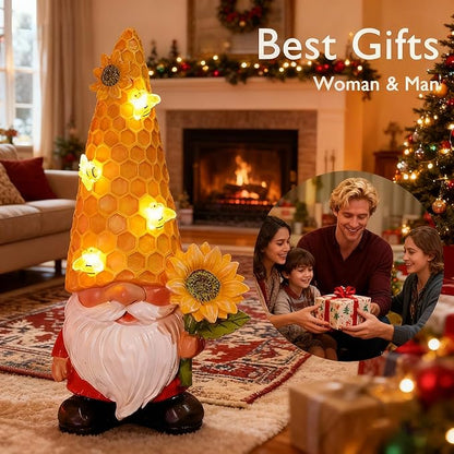 12.3''Garden Gnomes Outdoor Statues Clearance for Garden Decor with Solar Bee Lights,Christmas Decorations Gnomes Outside Decor - Sunflower Gift for Women Mom,Yard Art Ornament for Patio Lawn