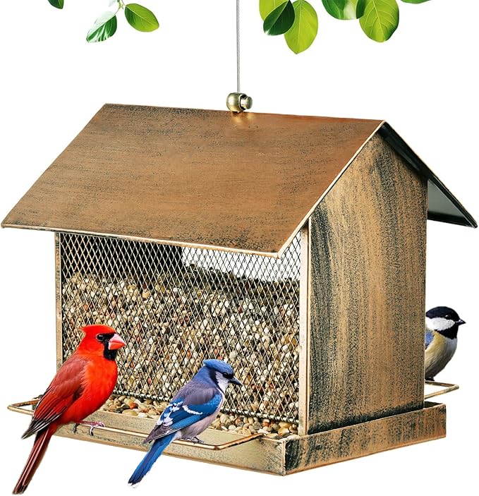 Bird Feeder, Large Capacity Bird Feeders for Outdoor Hanging Hold 4 LB Seed, Heavy Duty Metal Wild Birdfeeder with 2 Perches, Sturdy & Easy to Refill