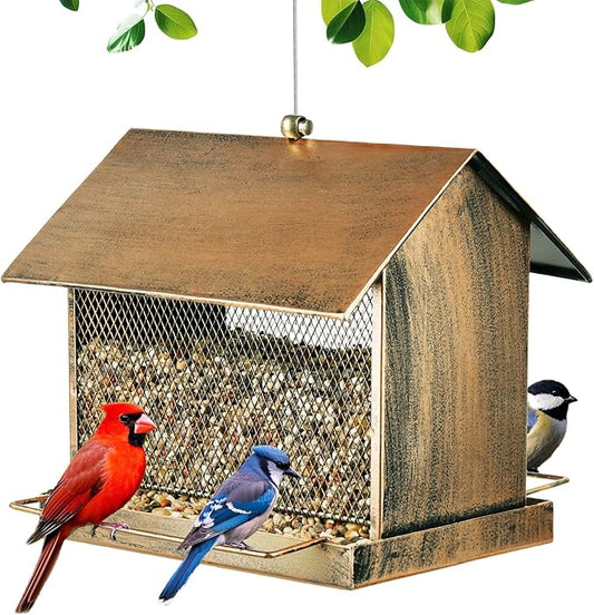 Bird Feeder, Large Capacity Bird Feeders for Outdoor Hanging Hold 4 LB Seed, Heavy Duty Metal Wild Birdfeeder with 2 Perches, Sturdy & Easy to Refill