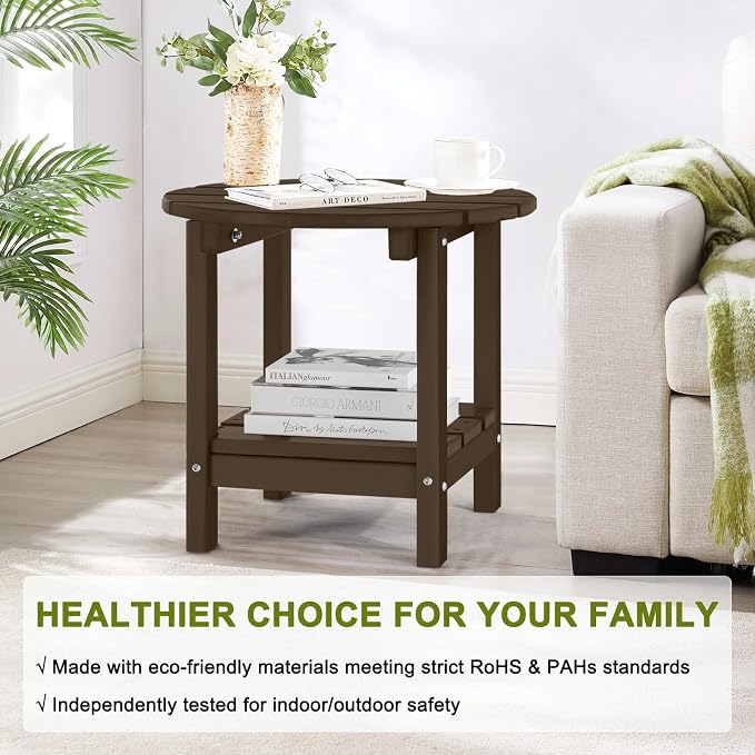 Adirondack Outdoor Side Tables, 2-Tier Round Outdoor Table, Weather Resistant HDPE Patio End Table for Garden, Lawn, Pool, Beach, Porch, Deck, Backyard - Dark Brown