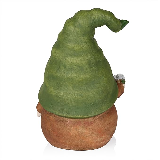 Alpine Corporation 10" Tall Outdoor Green Hat Gnome Statue, Offering Flower Sculpture Gift for Family, Weatherproof Garden Decor