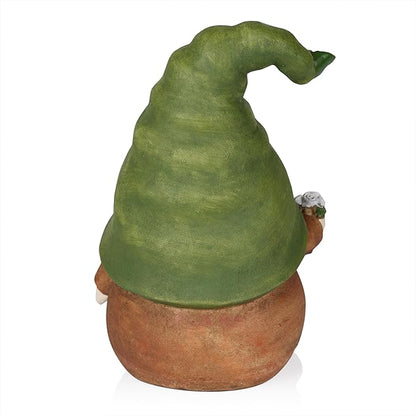 Alpine Corporation 10" Tall Outdoor Green Hat Gnome Statue, Offering Flower Sculpture Gift for Family, Weatherproof Garden Decor