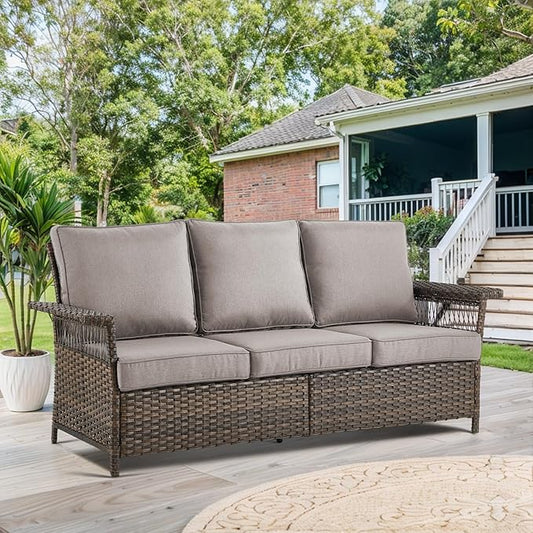 Wicker Patio Furniture Set - 7pcs Rattan Sofa, Chairs, Ottomans, Coffee & Side Tables with Grey Cushions