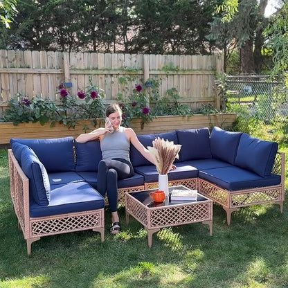 FHFO 7 Piece Outdoor Wicker Patio Furniture Set, Rattan Sectional Sofa Couch, Patio Conversation Set with Cushion & Coffee Table, for Backyard Poolside Porch Garden, Yellow/Blue