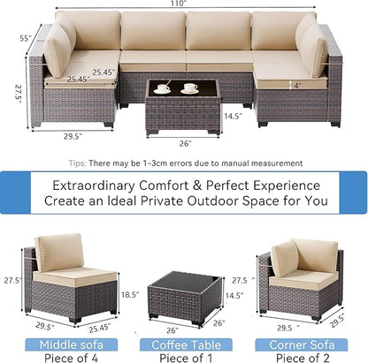 7 Pieces Outdoor Patio Furniture Set with Coffee Table, PE Wicker Rattan Outdoor Sectional Patio Set with Thick Cushion, Outdoor Patio Conversation Set for Backyard, Garden, Deck, Sand