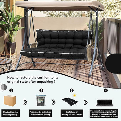 2/3 Seater Swing Replacement Cushion, Waterproof Porch Swing Cushions with Backrest, Thickened Bench Cushions for Outdoor Furniture, for Outdoor Patio Swing (Black, 55 * 40in)