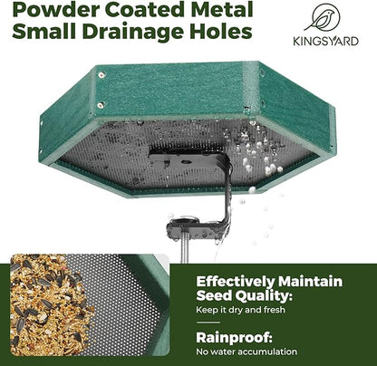 Kingsyard Clamp-On Deck Bird Feeder 11in Hexagon, Adjustable Balcony Railing Clamp 2.2in No-Drill, Recycled Plastic Seed Tray Metal Mesh Drainage Easy-Clean 3 lb,Green