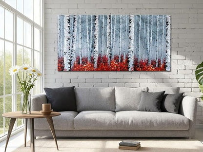 Arjun Birch Tree Wall Art White Landscape Painting Grey Canvas Forest Red Nature Panoramic Picture Rustic for Living Room Bedroom Home Office Decor, Large 48"x24"