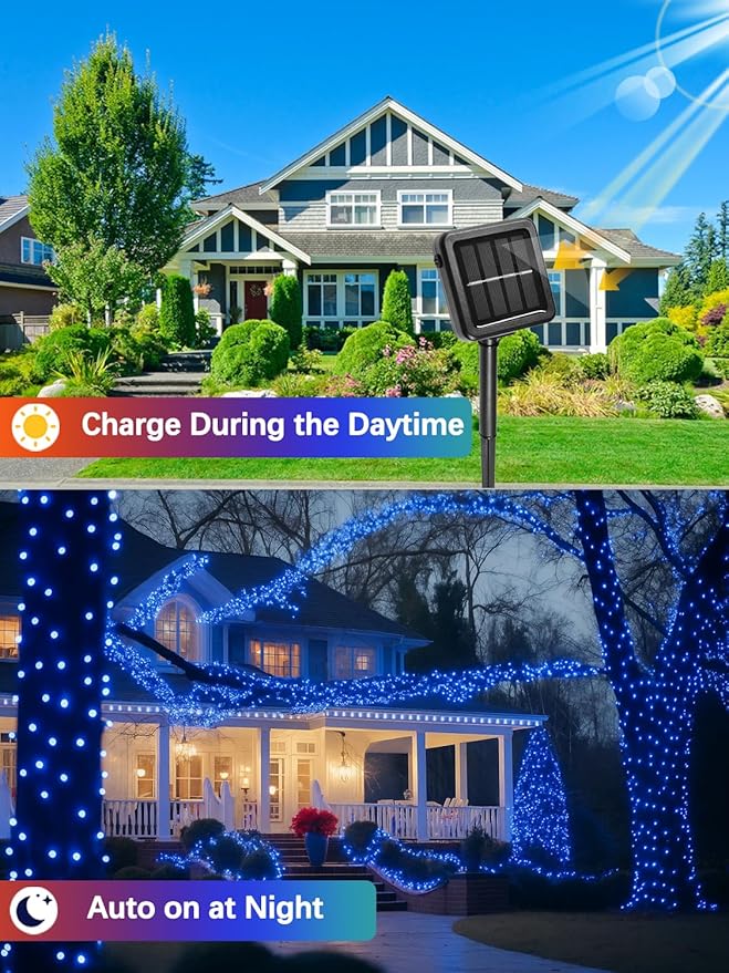4 Pack Solar Christmas Lights Outdoor Waterproof, 132FT 400LED Solar String Lights Green Wire Fairy Lights, Solar Twinkle Lights with 8 Lighting Modes for Xmas Garden Decorations (Blue)