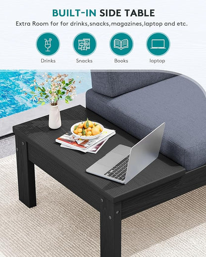 SERWALL HDPE Patio Furniture Set, Modular Outdoor Sectional Sofa Set with Built-in Side Tables, Seats 4, All-Weather Patio Conversation Set for Garden, Deck, Porch, Black Frame with Grey Cushion