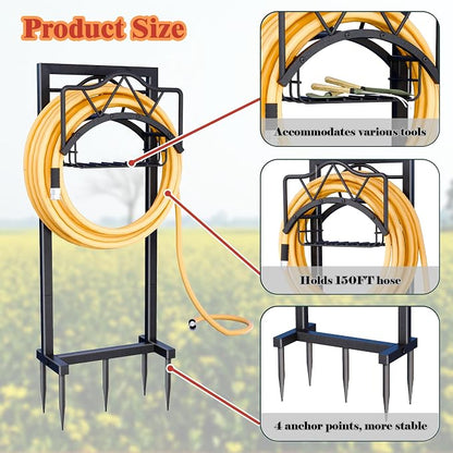Garden Hose Holders for Outside - Water Hose Holder Freestanding,Metal Hose Stand with 5 Spikers,Hose Hanger with basket,Outdoor Garden Hose Reel Heavy duty,Holds 150-feet Hose,Black