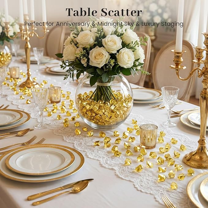 DomeStar 150PCS Gold Acrylic Ice Rocks – Faux Gems Nuggets Vase Fillers Pot of Gold, Glitter Party Decorations, DIY Crafts & Table Scatter