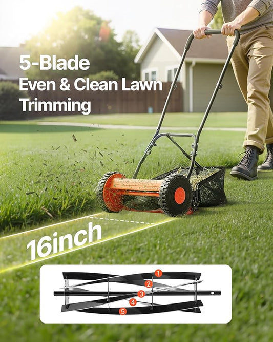 VEVOR Push Reel Lawn Mower 16 inch, 5 Blades Manual Push Mower No Motor, 0.6-1.75 in Adjustable Cutting Height, Walk-Behind Lawn Mowers with Grass Catcher Bag for Green Lawns, Driveways, Courtyards