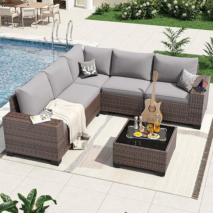 Aoxun 6 Pieces Patio Furniture Set Wicker Rattan Outdoor Sectional Conversation Set with Coffee Table and 4” Thickened Cushions, Gray (Waterproof Cover Included)
