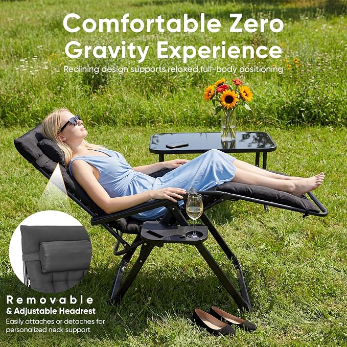 NEWBULIG Set of 2 Zero Gravity Chair, Folding Patio Recliner with Removable Cushion & Cup Holder Trays, Portable Lounge Chair for Beach & Camping, Classic Black