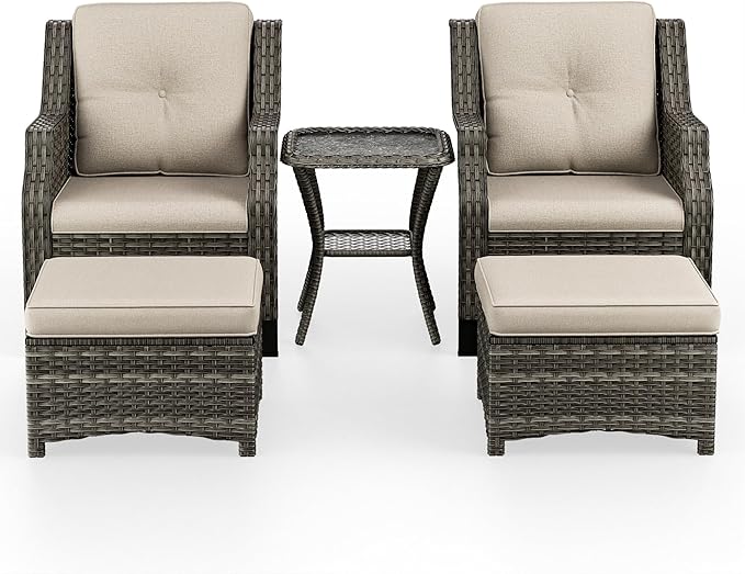 5 Piece Patio Furniture Wicker Conversation Set, 2 Chairs, 2 Ottomans with 1 Side Table, for Outdoors, Backyard, Deck, Beige