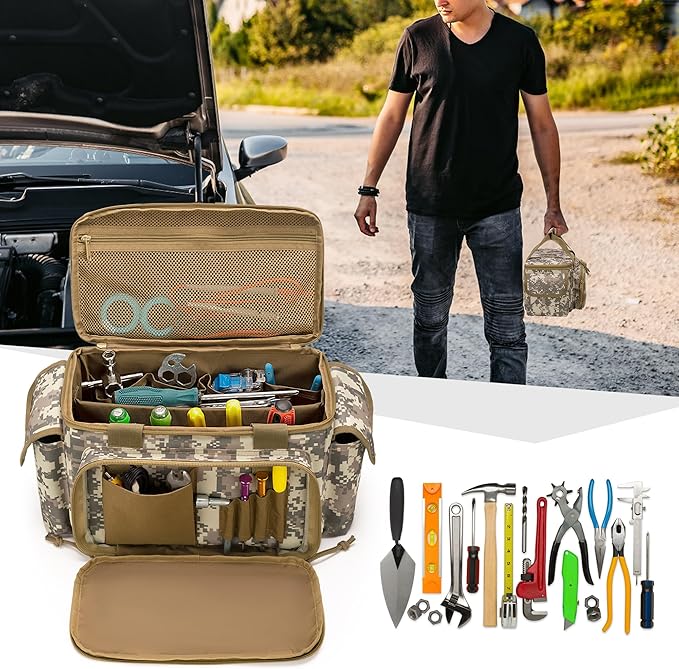 Rexmica Small Tool Bag with Anti-friction and Thick Padded Bottom, Tool Storage Organizer for Men, Tactical Range Bag, Multi-functional Work Bag for Repairman, Electrician, Carpenters (Camo)