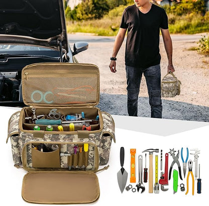 Rexmica Small Tool Bag with Anti-friction and Thick Padded Bottom, Tool Storage Organizer for Men, Tactical Range Bag, Multi-functional Work Bag for Repairman, Electrician, Carpenters (Camo)