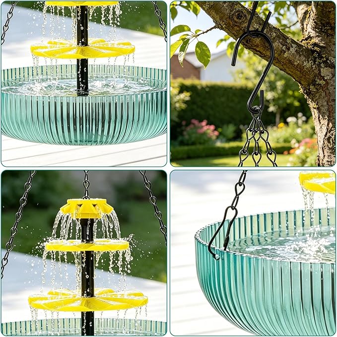 3-Tier Hanging Solar Bird Bath Fountain, Solar Pump Cascading Water Feeder with 16.4FT Extra Long Cord, Large Bird Bowl for Hummingbirds Wild Birds (1pcs-Solar Bird Bath Fountain)