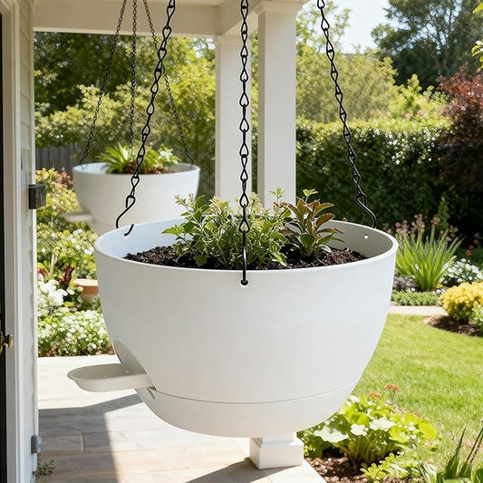 WOUSIWER Self Watering Hanging Planters, 2 Pack 10'' Plastic Pots with Drainage Holes & Reservoir Tray (White) | Indoor & Outdoor Use for Ferns, Ivy, Herbs, Succulents
