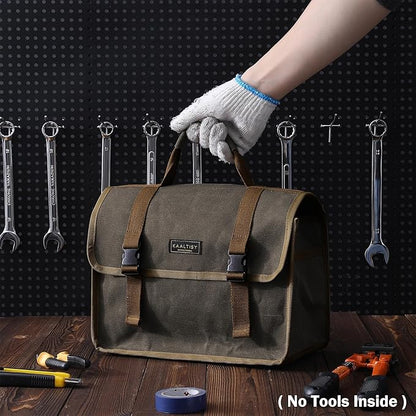 Canvas Tool Storage Bag - Portable Garden Tool Carrying Case with 3 Pockets + 2 Release Buckles, Multi-Purpose 16OZ Waxed Canvas Tool Tote Bag | 11.5"L x 6"W x 7.5"H | Grey