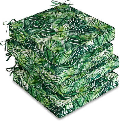 downluxe Outdoor Chair Cushions Set of 4, Waterproof 19" x 19" x 3" Patio Chair Cushion with Non-Slip Ties & Handle, Square Outdoor Cushion for Patio Furniture with Removable Cover, Palm Leaves