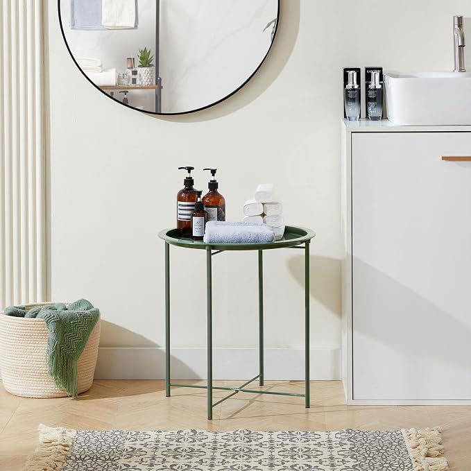 VECELO Side/End Table, Folding Round Metal Anti-Rust and Waterproof Outdoor or Indoor Tray for Living Room Bedroom Balcony and Office, 2 PCS, Dark Green