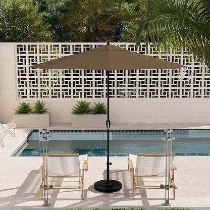California Umbrella 9' Rd Aluminum Patio Umbrella, Crank Lift, Auto Tilt, Black Finish, Sunbrella Taupe