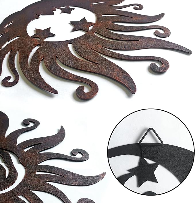VividLadybug Sun Moon Wall Hanging, Wall Sculpture, Metal Wall Art Indoor/Outdoor Decor Rust Colored Rust Proof Wall Sculpture - Ideal for Bedrooms, Gardens, Homes, Patios and Farmhouses, Set of 3