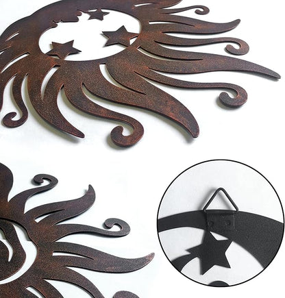 VividLadybug Sun Moon Wall Hanging, Wall Sculpture, Metal Wall Art Indoor/Outdoor Decor Rust Colored Rust Proof Wall Sculpture - Ideal for Bedrooms, Gardens, Homes, Patios and Farmhouses, Set of 3