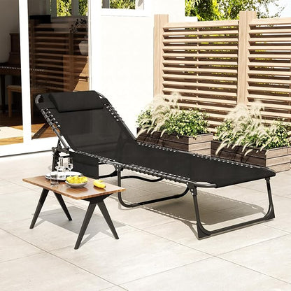 EBE Folding Lounge Chair, Outdoor Adjustable Chaise Lounge Chair, Portable Tanning Chaise with Detachable Pillow and Side Pocket, Reclining Chairs for Pool Beach Patio Sunbathing, Black