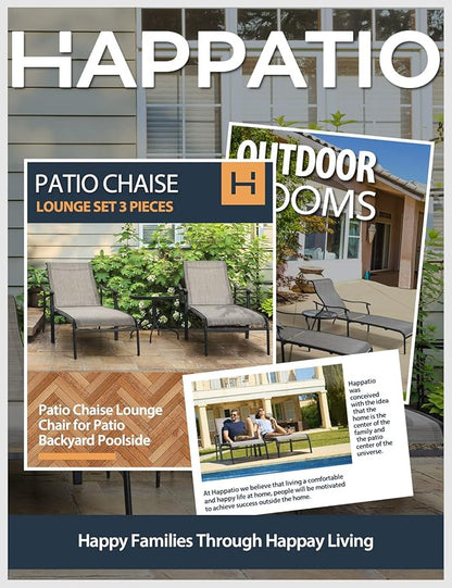 HAPPATIO Patio Chaise Lounge Set 3 Pieces,Patio Lounge Chair with Glass Coffee Table,Pool Lounge Chair with Breathable Textilene Fabric,Patio Chaise Lounge for Patio Backyard Poolside(Gray)