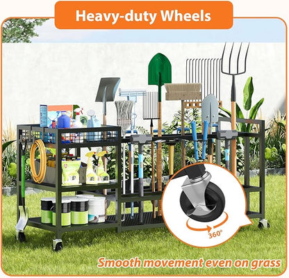 HavenlyYouth Garden Tool Organizer with Wheels-Movable Garden Tool Rack with Storage Hooks for Long-Handled Tools/Rakes/Brooms/Shovels,Heavy Duty Metal Garden Tool Storage for Garage,Shed,Garden,Black