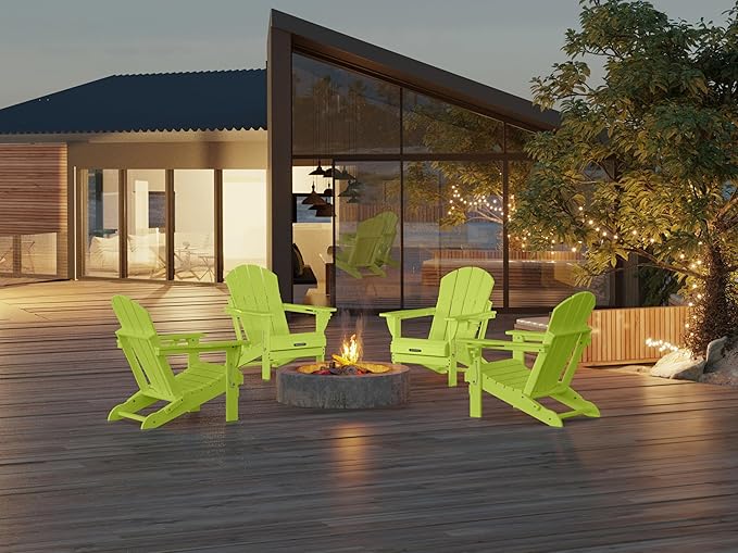 MUCHENGHY Folding Adirondack Chairs Set of 2, Patio Chairs, Lawn Chairs, Outdoor Chair, Adirondack Chair Plastic, Fire Pit, Weather Resistant with Cup Holder for Deck, Backyard, Garden(Lemon Green)