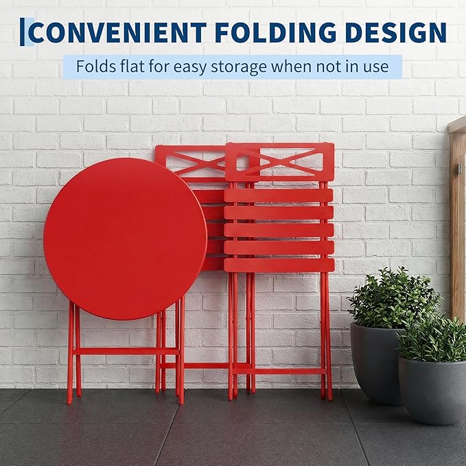 GarveeTech 3-Piece Folding Bistro Set, Heavy Duty Outdoor Patio Furniture with 2 Chairs & 1 Table, Weather-Resistant Steel Frame, No Assembly Required for Garden, Yard, Balcony,Red