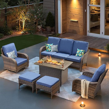 Patio Furniture Set with 42.5" Fire Pit Table-6 Pieces All Weather Wicker Outdoor Furniture with High Back Swivel Patio Chairs Set of 2 Outdoor Couch for Deck Balcony Backyard Brown/Blue