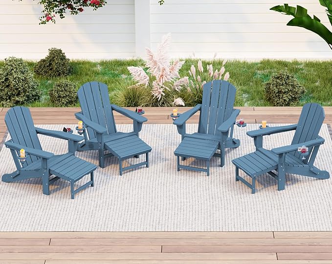 KINGYES Folding Adjustable Adirondack Chair with Ottoman & 2 Cup Holders Set of 4, HDEP Reclining Adirondack Chair with Footrest, Blue