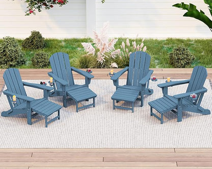 KINGYES Folding Adjustable Adirondack Chair with Ottoman & 2 Cup Holders Set of 4, HDEP Reclining Adirondack Chair with Footrest, Blue