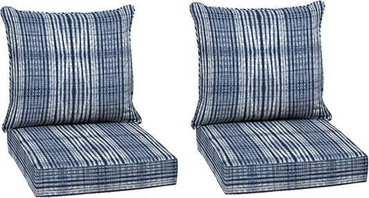 Arden Outdoor Deep Seat Cushion Set (2-Pack), 24 in x 24 in, Weather-Proof, Rain-Proof, Fade Resistant Patio Cushion for Chair, Sofa, and Couch Blue Shibori Stripe