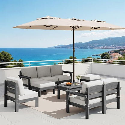 SERWALL 9 Pieces Patio Sofas with 15FT Double Side Patio Umbrella, All-Weather HDPE Outdoor Sectional Sofa, Large Modular Conversation Set for Patio, Garden, Deck, Grey Frame with Khaki Cushion