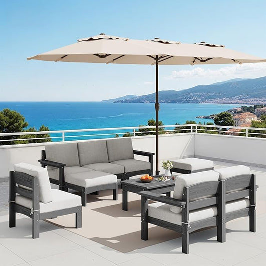 SERWALL 9 Pieces Patio Sofas with 15FT Double Side Patio Umbrella, All-Weather HDPE Outdoor Sectional Sofa, Large Modular Conversation Set for Patio, Garden, Deck, Grey Frame with Khaki Cushion